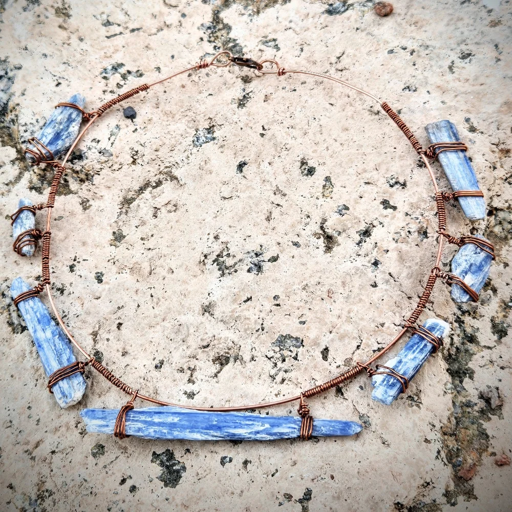 Awakening Natural Blue Kyanite Blades In Handwired Primitive Copper Necklace